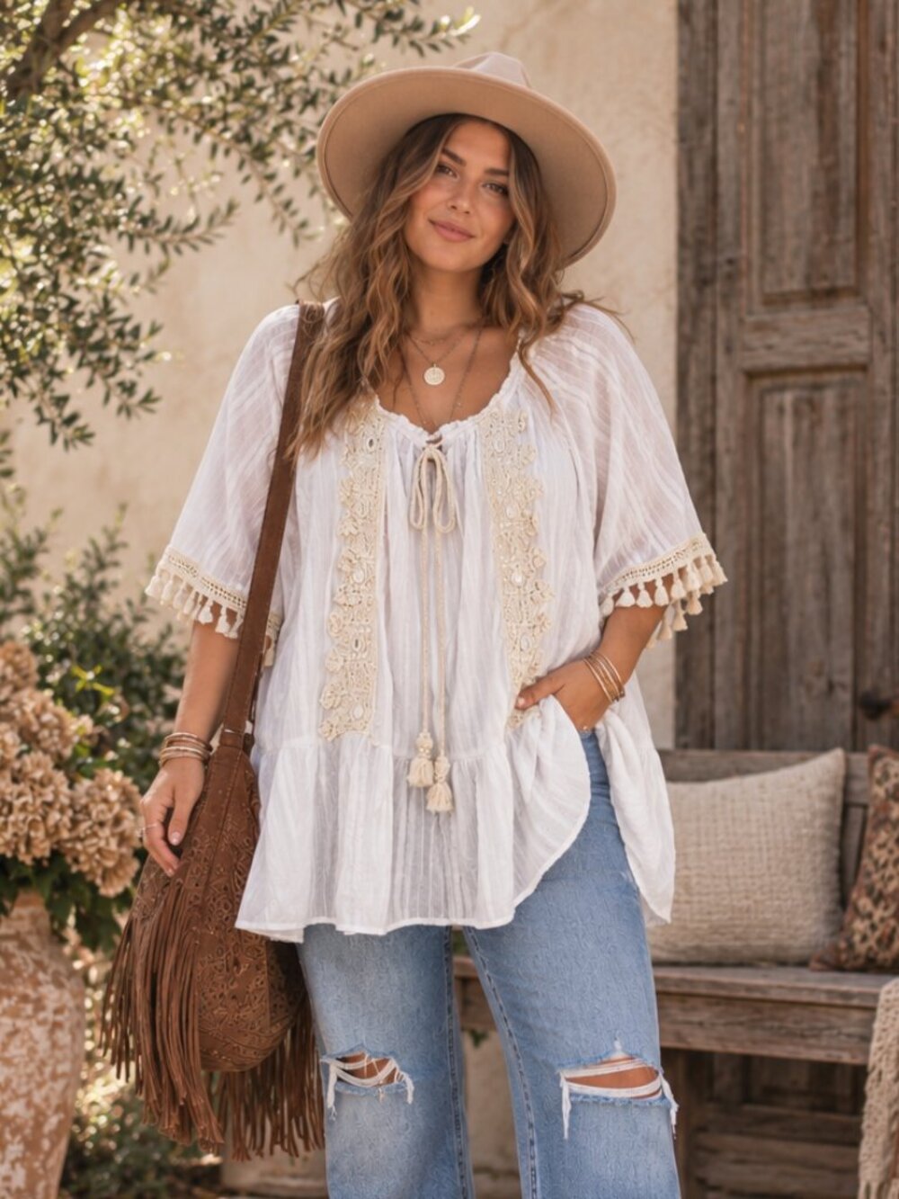 Boho White Crochet & Tassel Tunic Dress with Shells